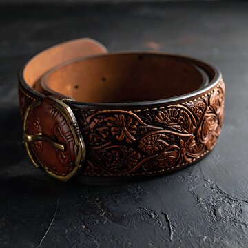 Brown leather belt with copper buckle.
