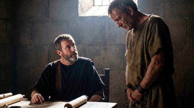 Apostle Paul standing in chains before governor Felix inside stone prison. Biblical scene from Acts of the Apostles. Historical trial with imprisoned Christian missionary and ruler.