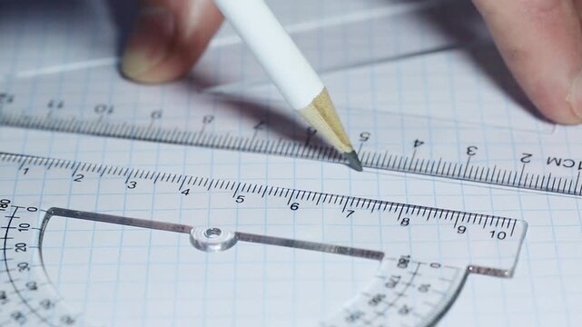 An engineer draws with a pencil under a ruler at work, close-up view