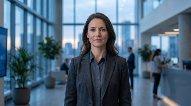 Businesswoman standing confidently, looking at camera in modern corporate office lobby