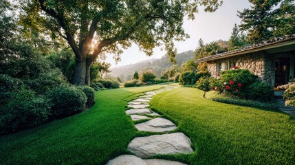 Fototapeta premium Stone pathway leads through a lush green garden to a beautiful home