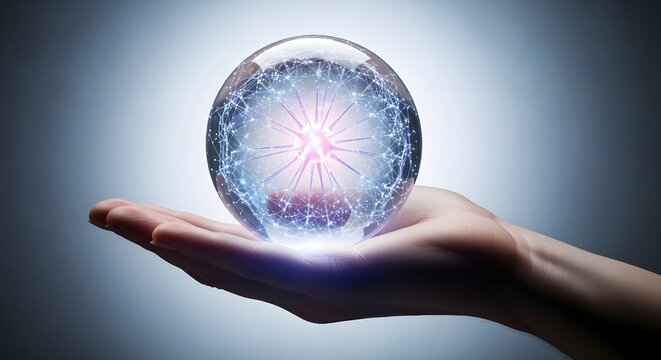 Glowing crystal ball in hand, magic glass sphere with energy, mystical orb