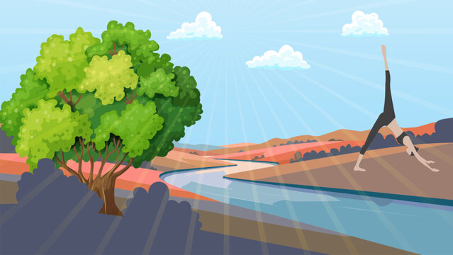 International Day of Yoga Vector Illustration with Woman Practicing One-Legged Downward Dog Pose in Nature
