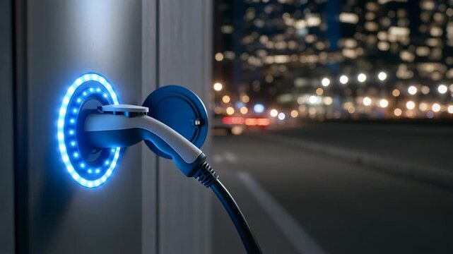 An electric vehicle charging station plugged in at night with blurred city lights in the background.