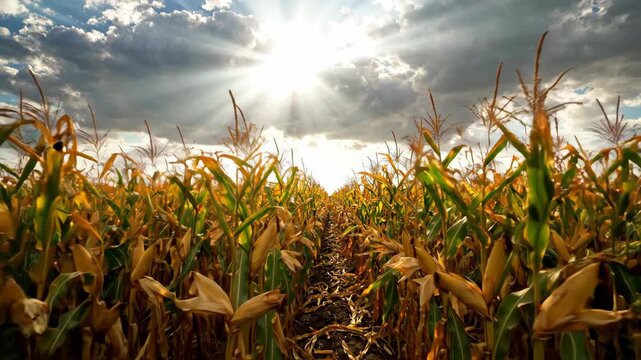 Sunlight beams through dramatic clouds above a golden cornfield, highlighting the lush plants