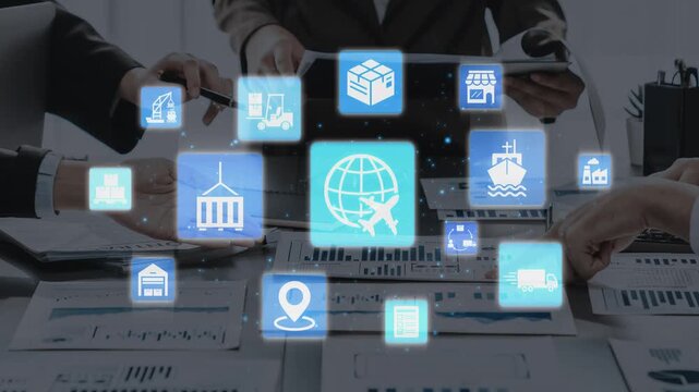 Global shipping icons show transport, loFunnelics, and cargo delivery. Global shipping connects supply chain, global shipping management, and worldwide goods distribution. Funnel