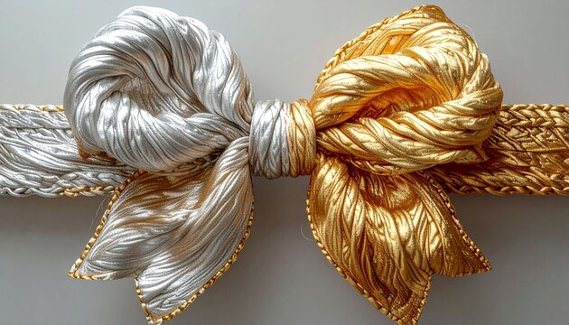 Gold and silver yarn bows, 3D rendering.