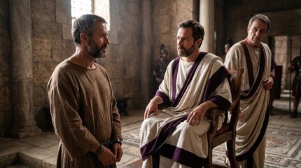 Fototapeta premium Apostle Paul in chains standing before Roman governor Felix in palace. Biblical scene from Acts of the Apostles. Historical drama recreation of ancient trial and imprisonment justice.