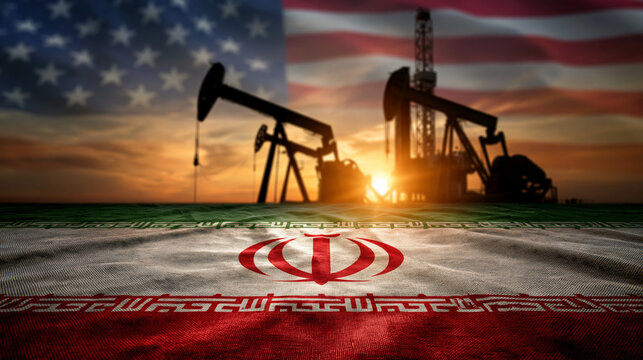 Geopolitical Oil Production: An abstract representation of international relations in the oil industry, with American and Iranian flags superimposed over oil derricks and pump jacks at sunset.