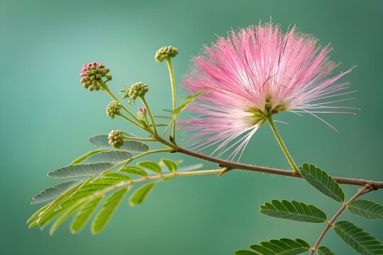Pink Powder Puff Flower Close-Up &ndash; Blossom, Nature, Plant, Garden, Tropical, Exotic, Botanical, Leaf, Bloom
