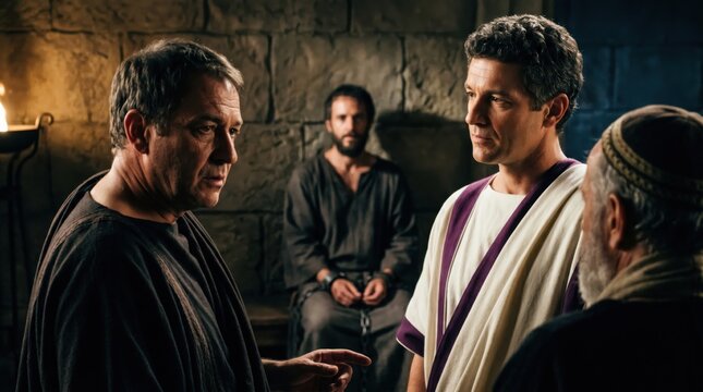 Roman governor Felix questioning apostle Paul in prison. Man in toga standing before prisoner in ancient dungeon. Biblical scene depicting Acts 24, faith, trial and religious history.