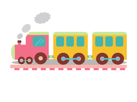 A cute and colorful flat vector illustration of a toy train traveling on a railway track. 