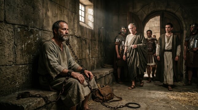 Prisoner Paul sitting in a dark Roman jail cell chained by guards as Felix the governor visits him. Biblical scene from Acts 24 in ancient history. Religious drama and faith concept.