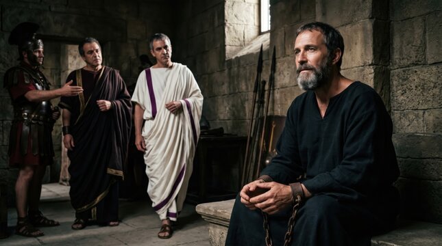Apostle Paul in chains sitting in prison during trial before Felix the governor. Roman soldiers and officials in ancient dungeon. Bible scene based on Acts chapter 24 from Scripture.