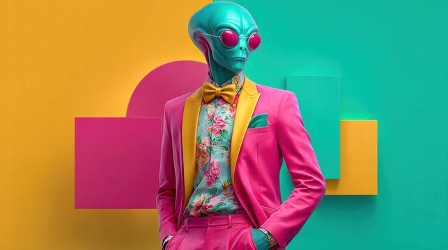 Stylish alien in a pink suit with sunglasses posing against a colorful background.