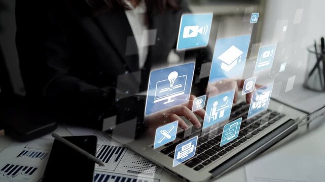 Online education icons show e-learning, online education classes, and digital study. Online education enables global online education access, flexible learning. Funnel