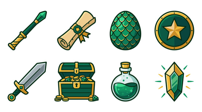 Pixel art set of fantasy game items including a magic staff, treasure map, dragon egg, shield, sword, chest, potion, and emerald crystal