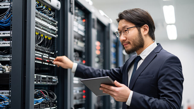 IT Specialist in Server Room: A focused IT specialist, dressed in a suit, examines server hardware while holding a tablet, demonstrating expertise in data center operations.