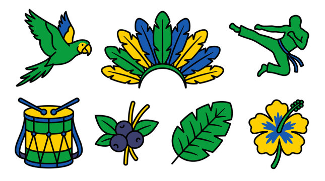Set of Brazil themed icons including a parrot, Carnival headdress, martial arts silhouette, drum, acai berries, banana leaf, and hibiscus flower in vibrant colors