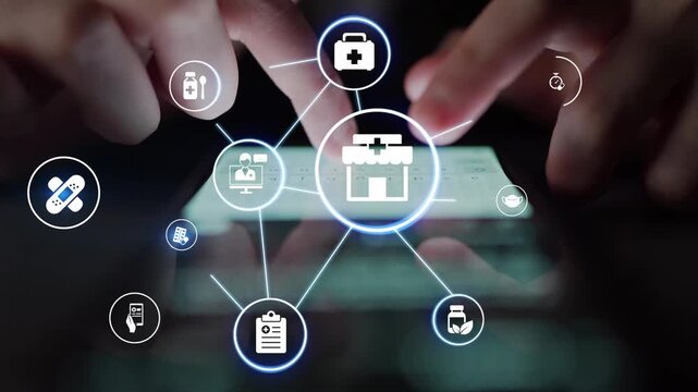 Online pharmacy icons showing medicine, healthcare, prescription and medical services with digital pharmacy, online drugstore, telemedicine and modern pharmaceutical solutions. Funnel