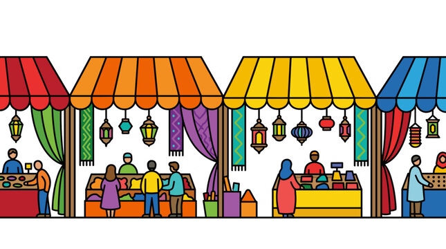 Seamless horizontal border of an arabic bazaar or suq market with traditional stalls and people shopping