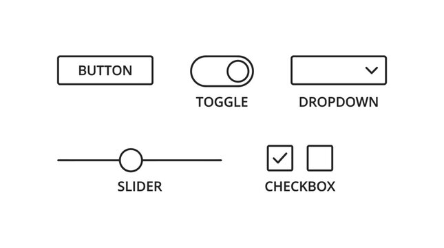 Set of isolated UI elements outline vector icons, including button, toggle, dropdown, slider, and checkbox for app design