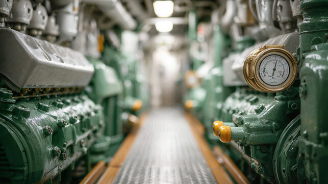 Massive ship engine room with rows of powerful diesel engines and gauges