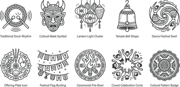Cultural traditional festival celebration vector icons set featuring drum rhythm mask symbol lantern light temple bell dance swirl offering plate flag