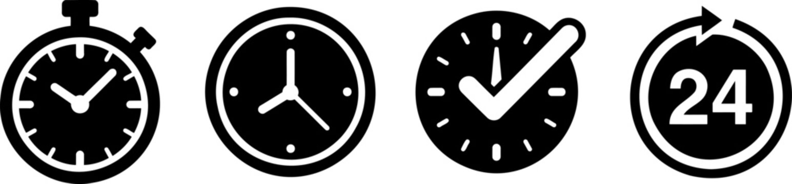 Set of time and clock icons, including stopwatch, wall clock, time management, and 24 hours service symbols