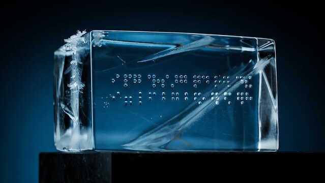 Clear glass block with binary code pattern and light reflections, digital