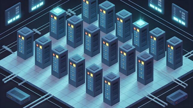 Isometric vector illustration of a futuristic data center server room with glowing lights.