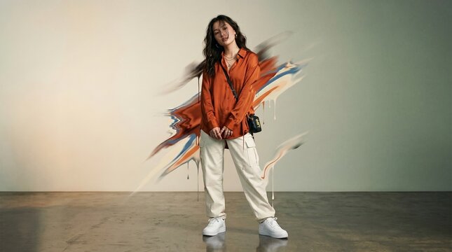 Fashion model woman in orange satin button shirt and white cargo pants standing over a creative abstract paint smear drip background effect. Urban streetwear clothing style concept.