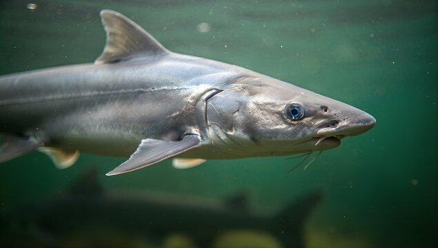 Spiny dogfish shark swimming underwater in a deep green aquarium tank.