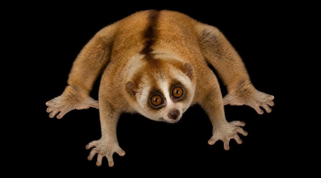 Slow loris primate crawling on a solid black background.