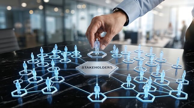 Stakeholder management concept with businessman hand placing holographic human figure on connected glowing network grid