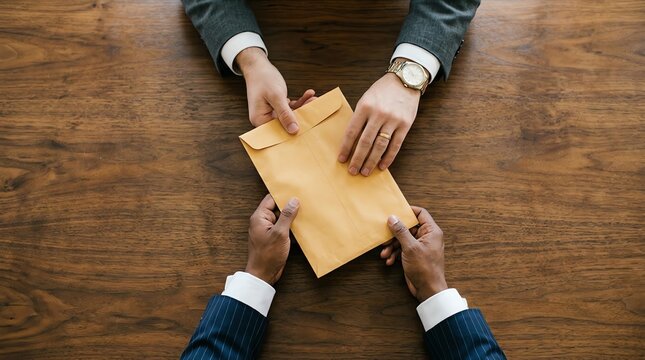 Business transaction involving the exchange of an envelope between two individuals