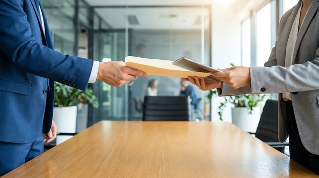 Professional colleagues exchanging important documents across a conference table in a modern office, signifying a crucial business transaction or handover