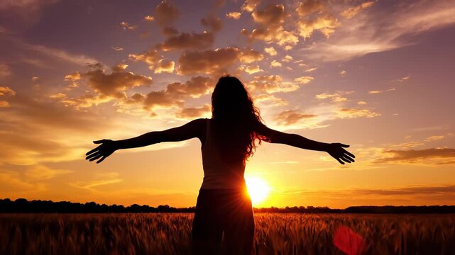 Woman enjoying sunset in golden wheat field. She spreads arms wide, embracing nature's beauty. Serene atmosphere radiates peace and freedom. Perfect for wellness and nature themes.