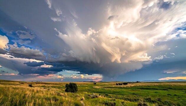 Dramatic stormy weather over green landscape.
