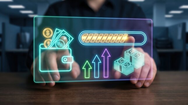 Digital Wealth and Gaming Rewards Concept: Multicolored Holographic Interface with Wallet and Cash Icons in Corporate Environment