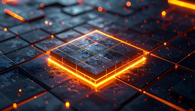 Glowing orange microchip on circuit board.