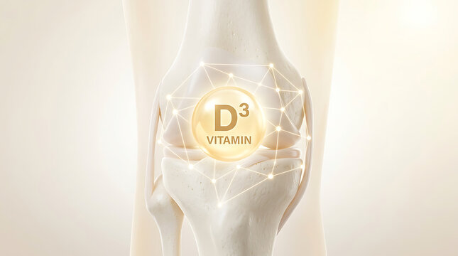 Vitamin d3 capsule glowing over human knee joint with network lines