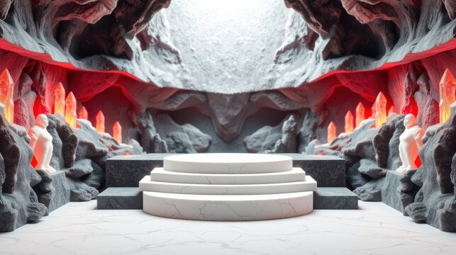 Dramatic cave interior. White pedestal dominates center. Red crystals illuminate dark stone formations. Statues flank sides. Light source above.