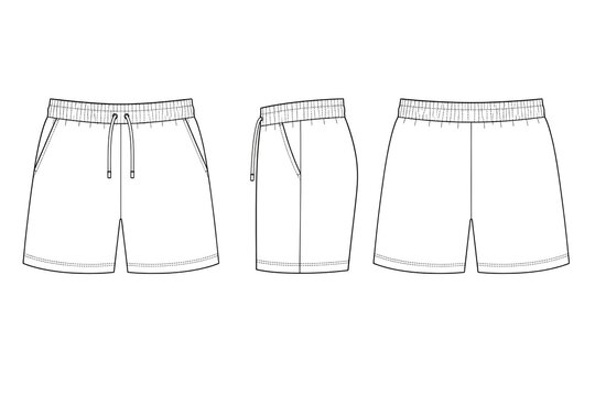 Men's shorts technical drawing vector illustration, front, side, and back view fashion flat sketch mockup