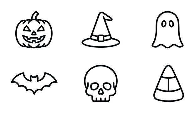 Halloween Icons Set: Pumpkin, Witch Hat, Ghost, Bat, Skull, Candy Corn Vector Graphics