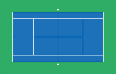 Top view of a tennis hard court with blue surface and green background © Irene Kulinchyk