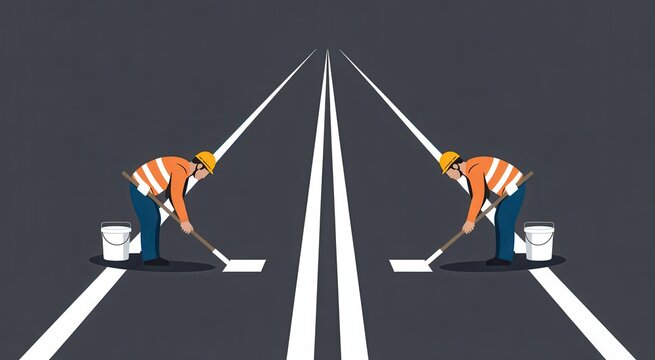 Illustration of two road construction workers painting white lines on an asphalt street in perspective