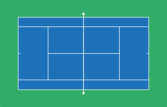 Top view of a tennis hard court with blue surface and green background
