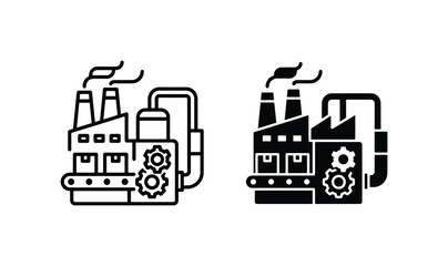 Naklejka premium Factory Icons, Industrial Production, Manufacturing Plant, Conveyor Belt, Gears, Smoke Stack, Vector Art