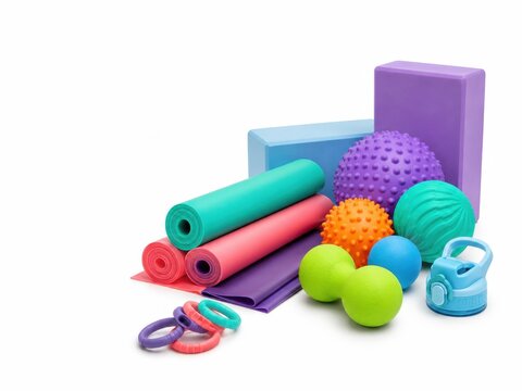 Colorful wellness and self care object collection including soft foam massage balls rolled resistance bands smooth yoga blocks small silicone rings and a simple unbranded water bottle cap arranged